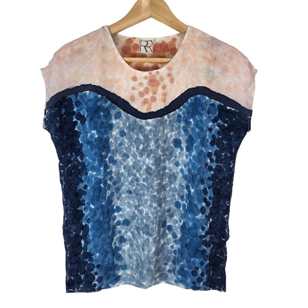 Rachel Rose Silk Blouse Womens S Hand Painted Watercolor Pink Blue Cap‎ Sleeve